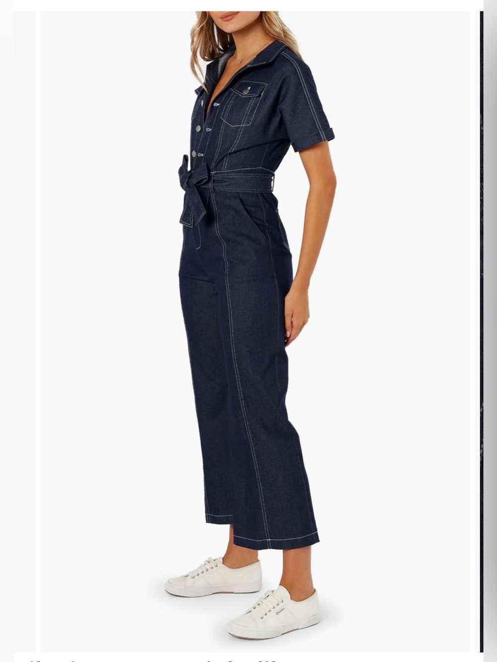 Petal & Pup Dark Blue Denim Tie-Waist Jumpsuit Short Sleeve size: S - Picture 4 of 17